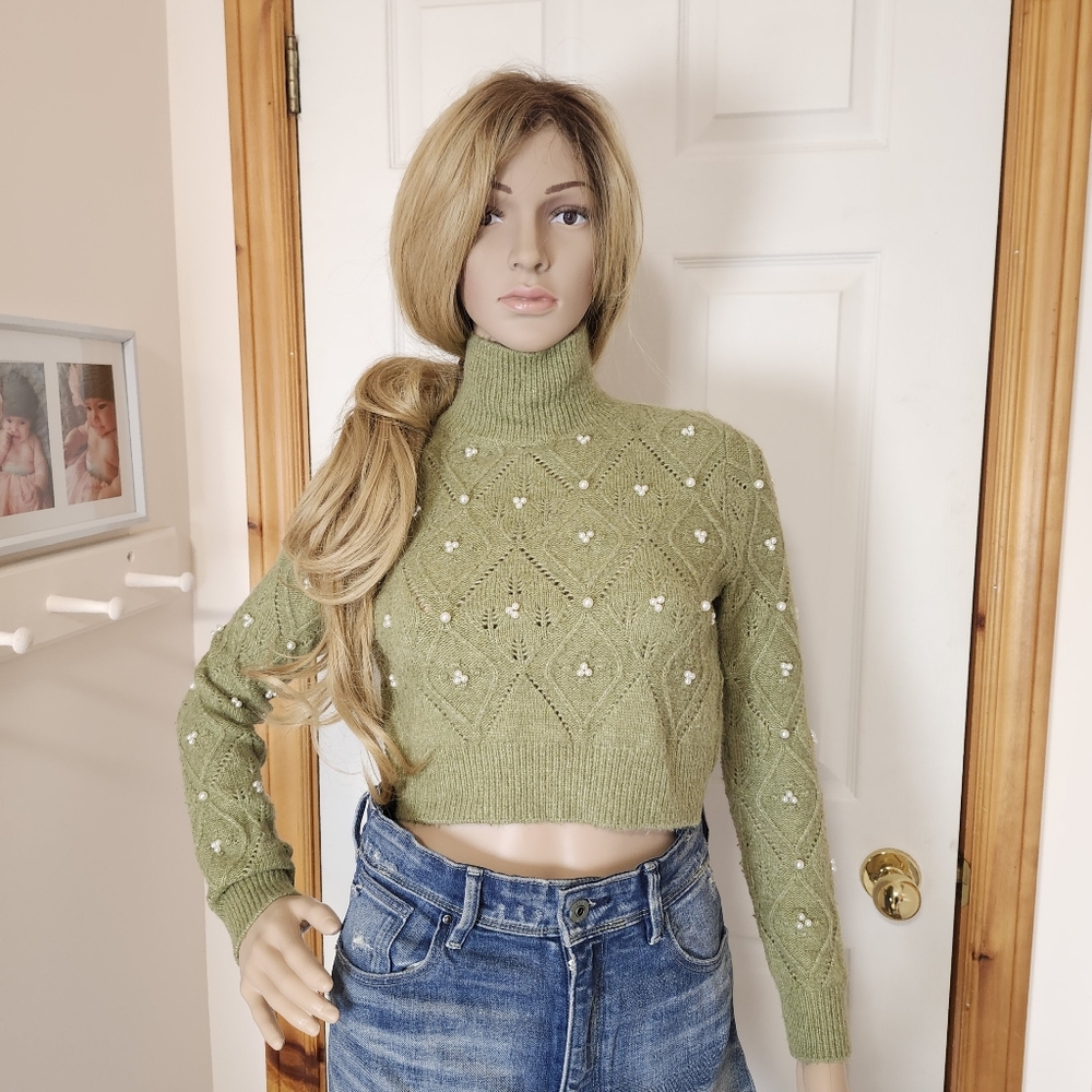 Zara Women's faux pearls diamond cable knit Mock Neck semi crop Green sweater S - Picture 14 of 15